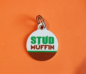 dog funny id tags, id tags for dogs, funny saying dog tags, stud muffin dog tag, dog tags