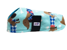 Load image into Gallery viewer, handmade dog coats, handmade dog coat, custom dog fleece coat, custom dog fleece sweaters, baby blue plaid fleece dog coat, baby blue plaid fleece dog sweater, handmade pet coat, dog sweaters, blue plaid dog coat, custom dog coats, pet coat, fur baby coats, handcrafted dog coat, doxie dog fleece coat
