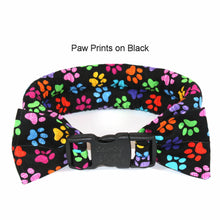 Load image into Gallery viewer, mixed blue paws dog collar, calm me down dog collar, herbal calming dog collar, calming herbal dog collar, anti-anxiety dog collar, all natural herbal dog collar, calm me down dog collar, calm me down cat collar, herbal cat collar, anti-anxiety cat collar, anti-stress dog collar, anti-stress cat collar, calming cat collar, calming dog collar, calm me down herbal collar, paw prints on black dog collar
