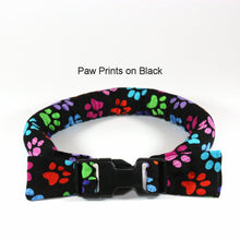 Load image into Gallery viewer, mixed blue paws dog collar, calm me down dog collar, herbal calming dog collar, calming herbal dog collar, anti-anxiety dog collar, all natural herbal dog collar, calm me down dog collar, calm me down cat collar, herbal cat collar, anti-anxiety cat collar, anti-stress dog collar, anti-stress cat collar, calming cat collar, calming dog collar, calm me down herbal collar, paw prints on black cat collar
